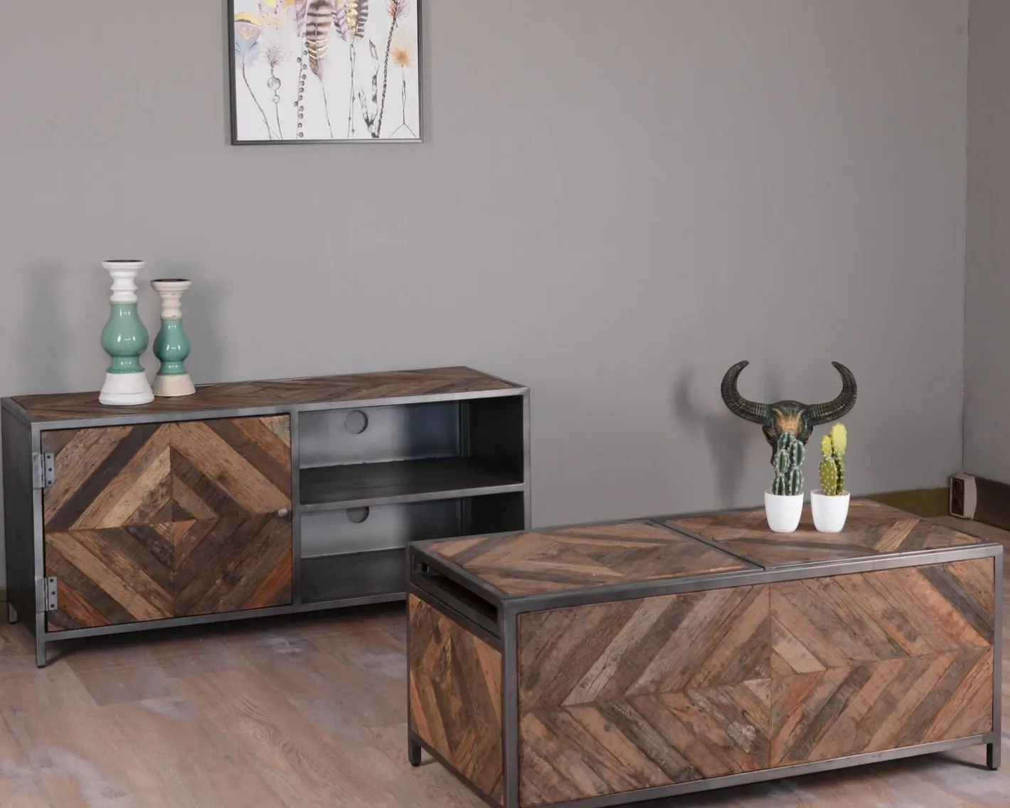 Outlet Table basse bar métal et bois industriel 100cm "Wood" Table Basse Rectangulaire