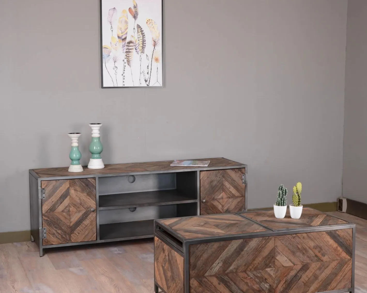 Outlet Table basse bar métal et bois industriel 100cm "Wood" Table Basse Rectangulaire