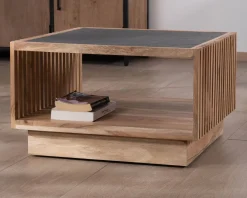 Discount Table basse carrée avec plateau en placage pierre et structure bois ajourée "Pikto" Table Basse Carrée