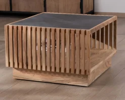 Discount Table basse carrée avec plateau en placage pierre et structure bois ajourée 