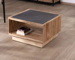 Discount Table basse carrée avec plateau en placage pierre et structure bois ajourée 