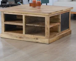 Clearance Table basse carrée avec rangements en métal et bois "Caractère" Table Basse Carrée