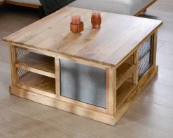 Clearance Table basse carrée avec rangements en métal et bois "Caractère" Table Basse Carrée