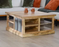Clearance Table basse carrée avec rangements en métal et bois 