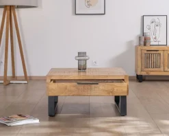 Hot Table basse carrée 80 cm en manguier et pieds métal "Manoha" avec grand tiroir Table Basse Carrée
