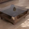 Table basse carrée design vintage en manguier avec plateau verre "Slody" Table Basse Carrée