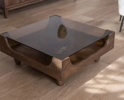 Table basse carrée design vintage en manguier avec plateau verre "Slody" Table Basse Carrée