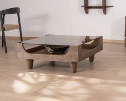 Table basse carrée design vintage en manguier avec plateau verre "Slody" Table Basse Carrée