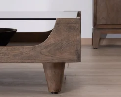Table basse carrée design vintage en manguier avec plateau verre 