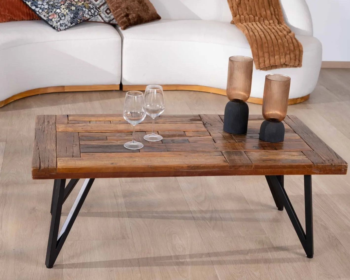 New Table basse 120cm en bois massif recyclé et pieds métal noir "Cidade" Table Basse Rectangulaire