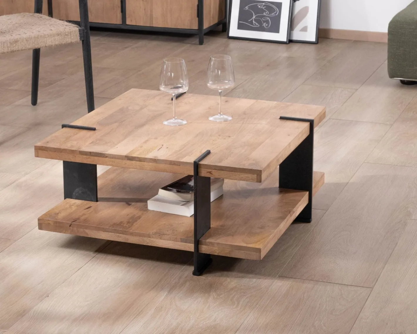 Sale Table basse design avec double plateau carré en bois et pieds métal "Marla" Table Basse Carrée