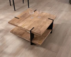 Sale Table basse design avec double plateau carré en bois et pieds métal
