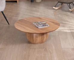 Hot Table basse design en acacia massif ronde avec pied boule "Voluto" Table Basse Ovale Ou Ronde