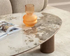 Sale Table basse design forme organique "Oria" plateau céramique et pieds cylindres teinte noyer Table Basse Ovale Ou Ronde