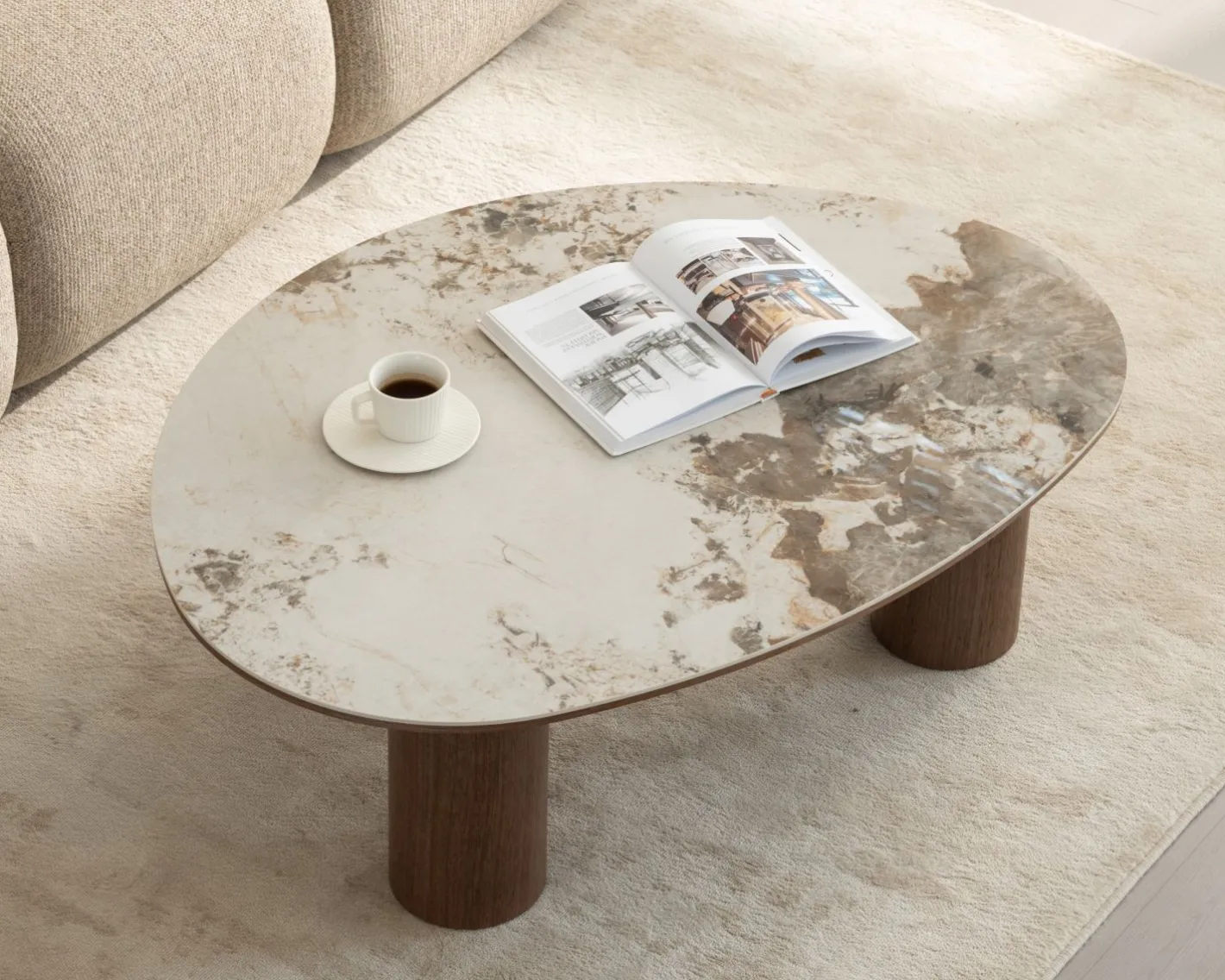 Sale Table basse design forme organique "Oria" plateau céramique et pieds cylindres teinte noyer Table Basse Ovale Ou Ronde