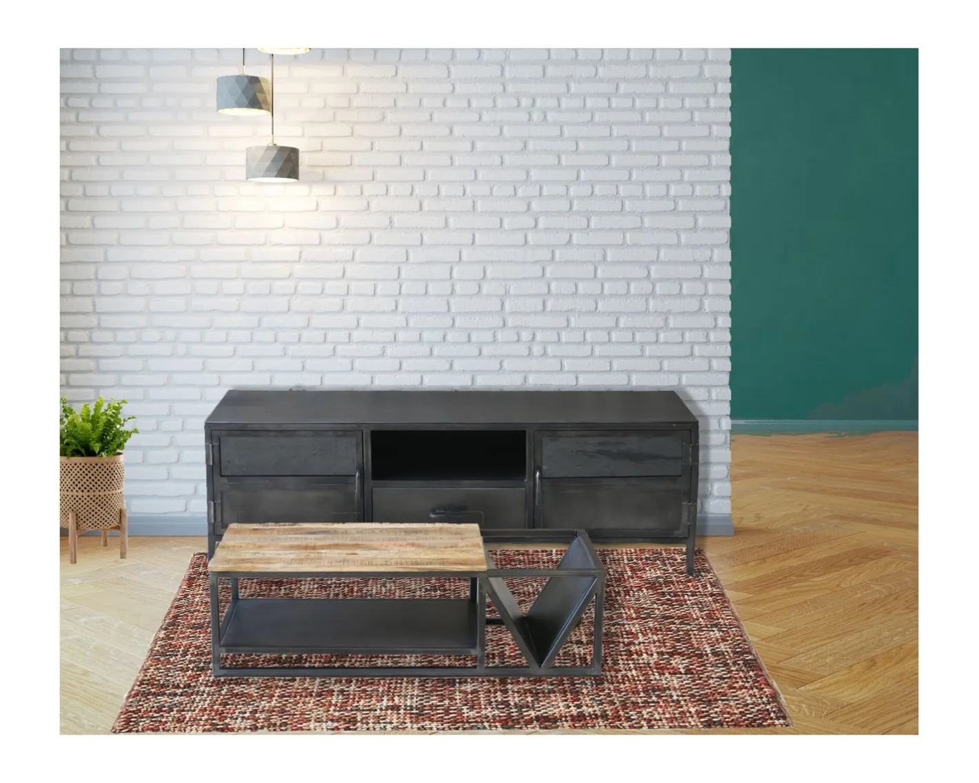 Clearance Table basse design industriel en métal et bois massif "Caractère" Table Basse Rectangulaire
