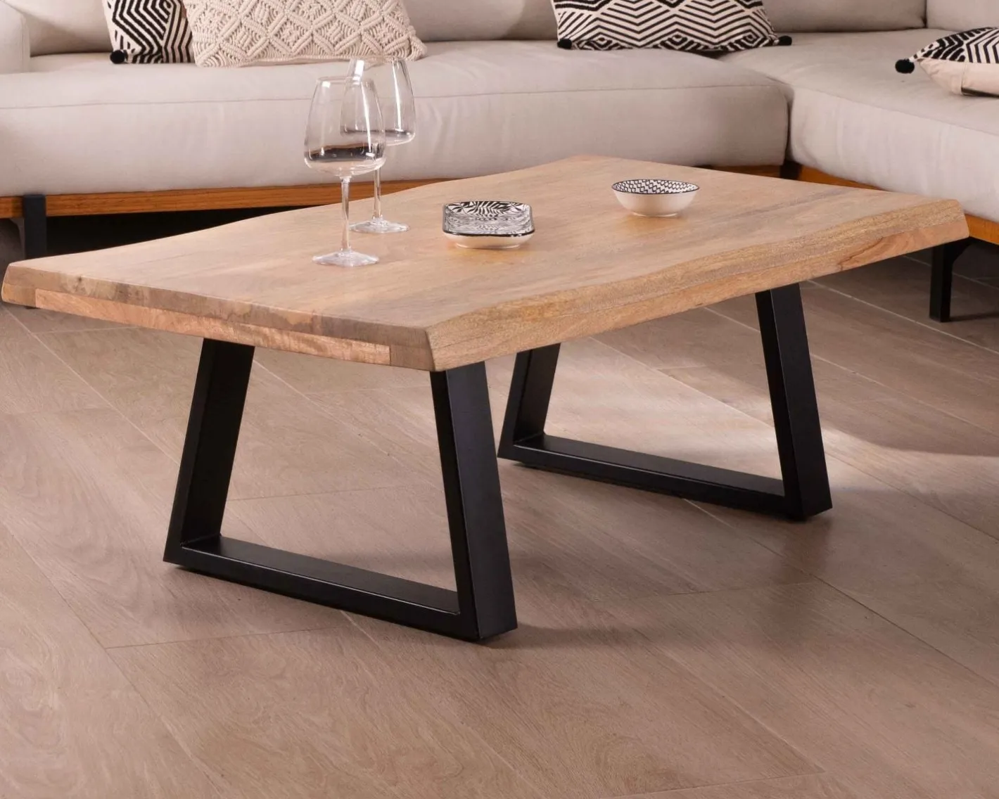 Best Table basse design plateau naturel pieds trapèzes en métal « Caractère » Table Basse Rectangulaire