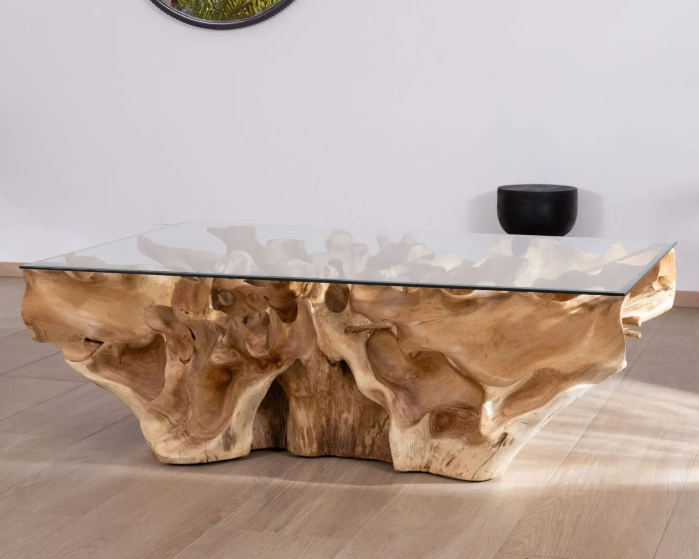 Table basse en racine de teck naturel avec plateau verre rectangulaire "Jungle" Table Basse Rectangulaire