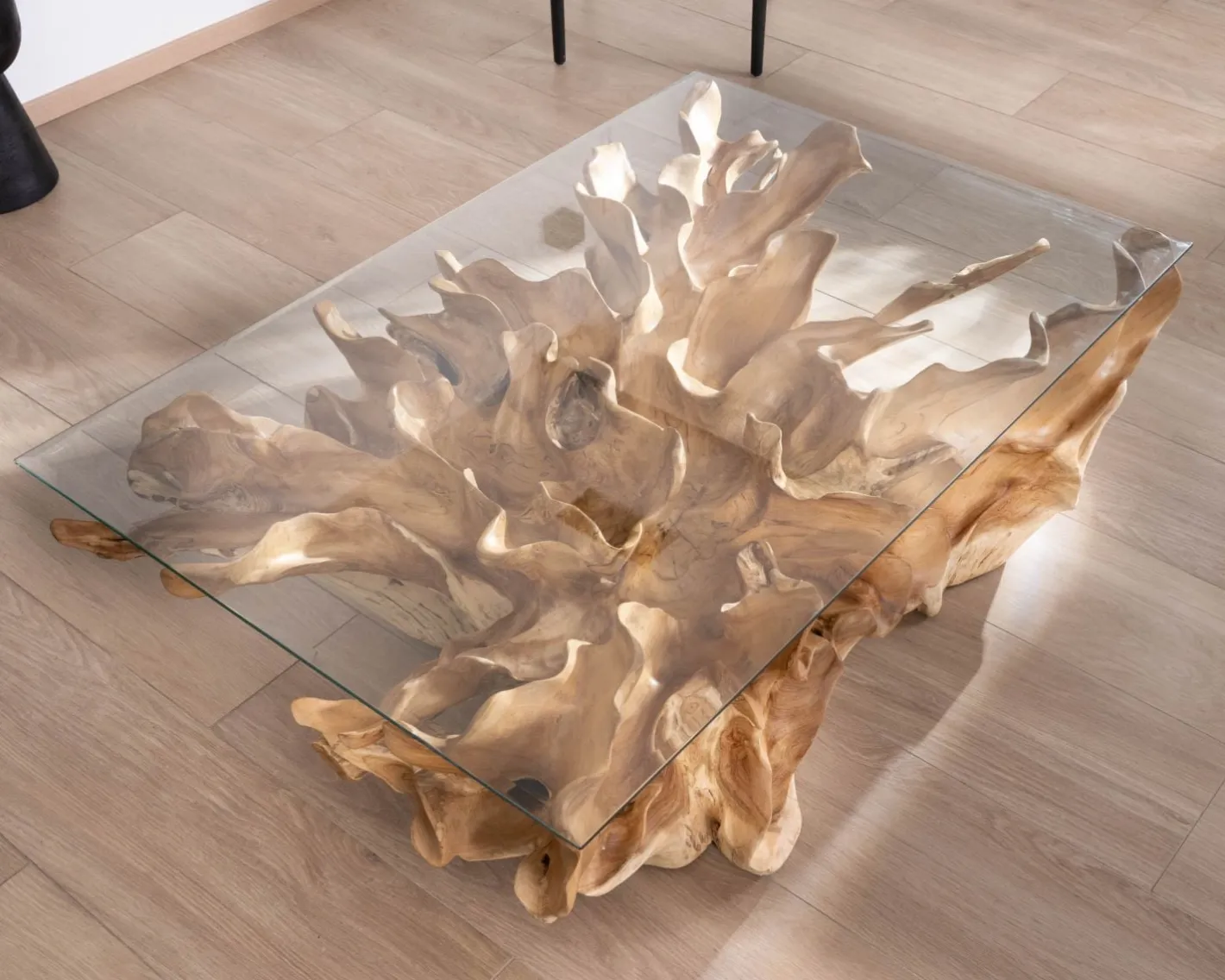 Table basse en racine de teck naturel avec plateau verre rectangulaire "Jungle" Table Basse Rectangulaire