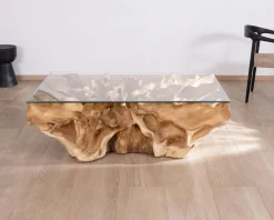 Table basse en racine de teck naturel avec plateau verre rectangulaire