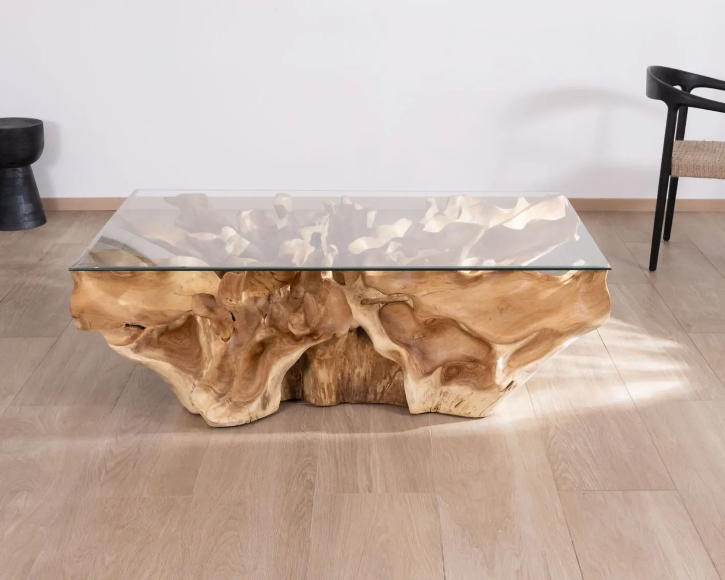 Table basse en racine de teck naturel avec plateau verre rectangulaire "Jungle" Table Basse Rectangulaire