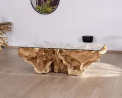 Table basse en racine de teck naturel avec plateau verre rectangulaire
