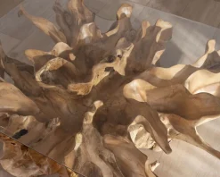 Table basse en racine de teck naturel avec plateau verre rectangulaire