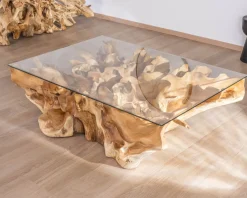 Table basse en racine de teck naturel avec plateau verre rectangulaire