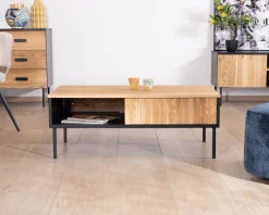 Online Table basse esprit newtro en bois massif naturel et noir "Sydney" avec portes coulissantes Table Basse Rectangulaire