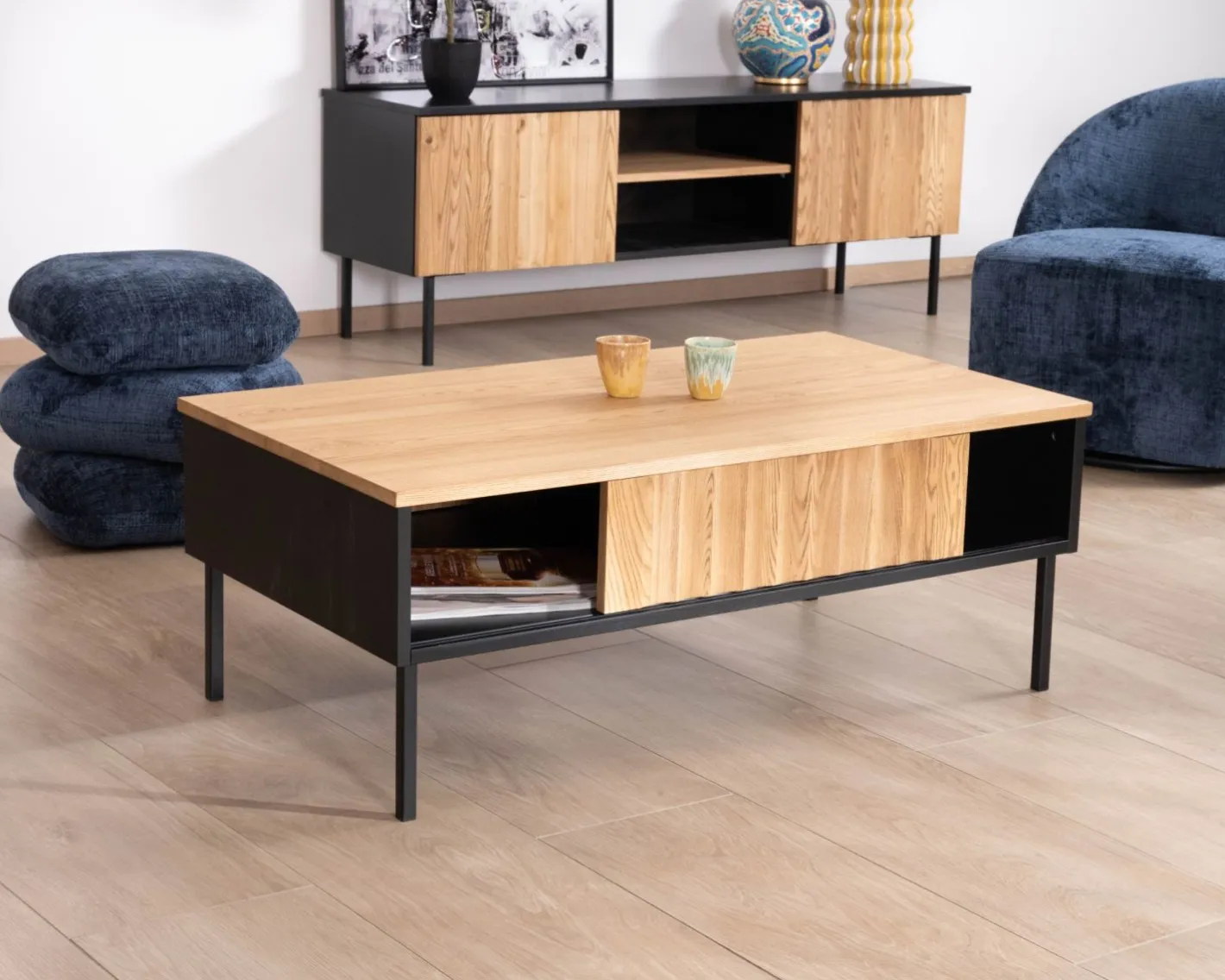 Online Table basse esprit newtro en bois massif naturel et noir "Sydney" avec portes coulissantes Table Basse Rectangulaire