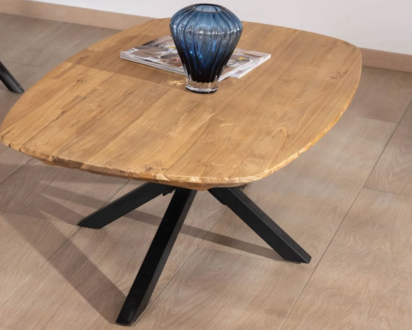New Table basse forme bateau en teck naturel "Bahia" pieds mikado métal Table Basse Rectangulaire