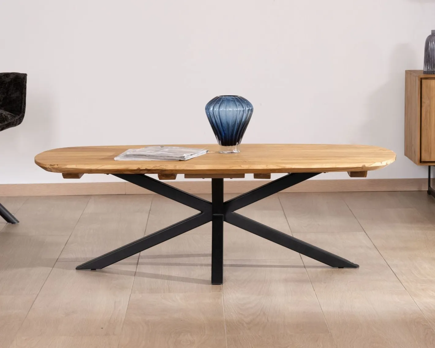 New Table basse forme bateau en teck naturel "Bahia" pieds mikado métal Table Basse Rectangulaire