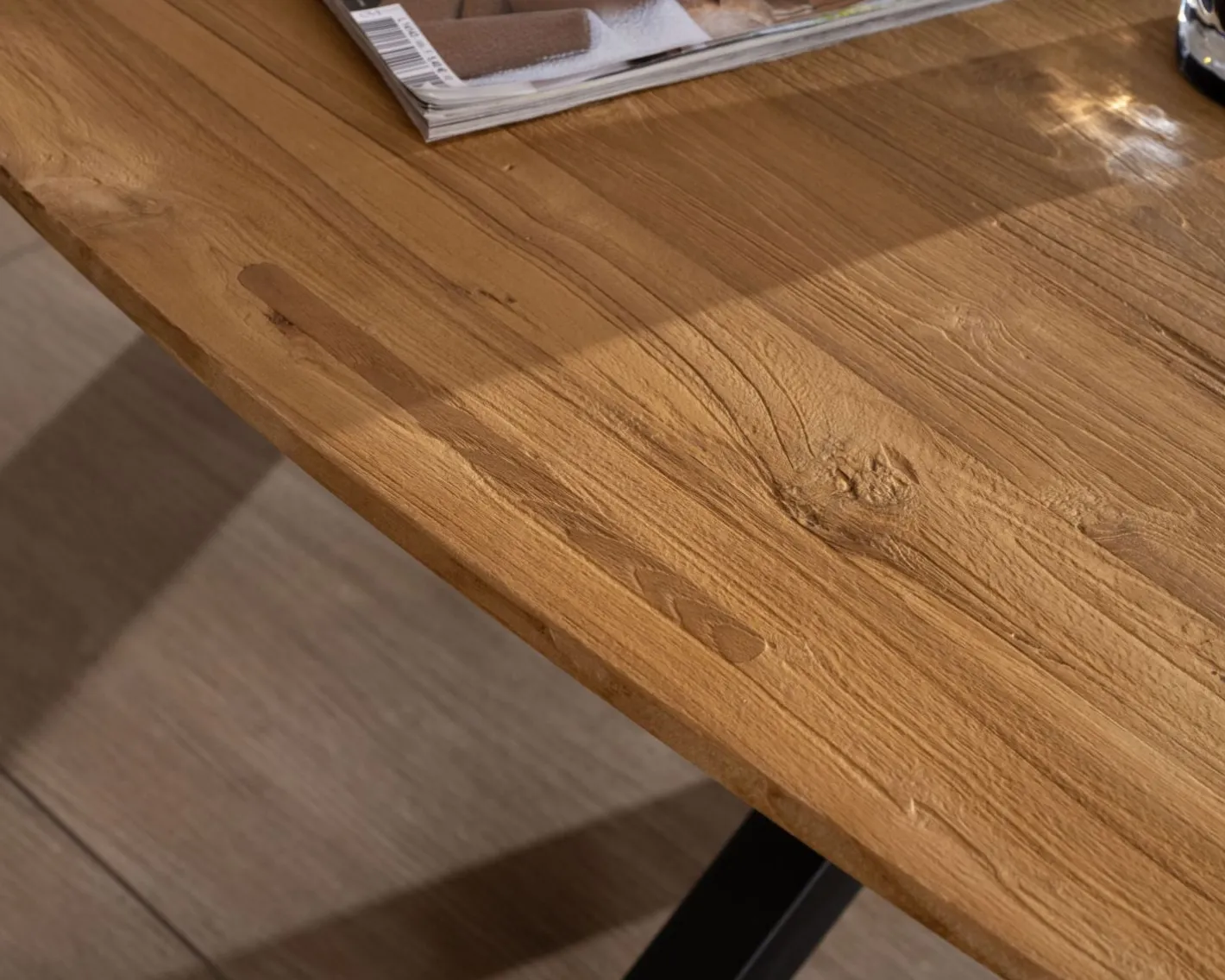 New Table basse forme bateau en teck naturel "Bahia" pieds mikado métal Table Basse Rectangulaire