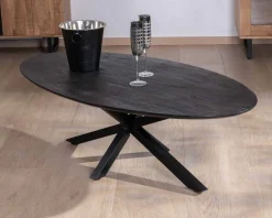 Hot Table basse noire plateau ellipse en manguier massif sablé et pieds métal 3D "Pise" Table Basse Ovale Ou Ronde