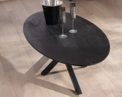 Hot Table basse noire plateau ellipse en manguier massif sablé et pieds métal 3D 