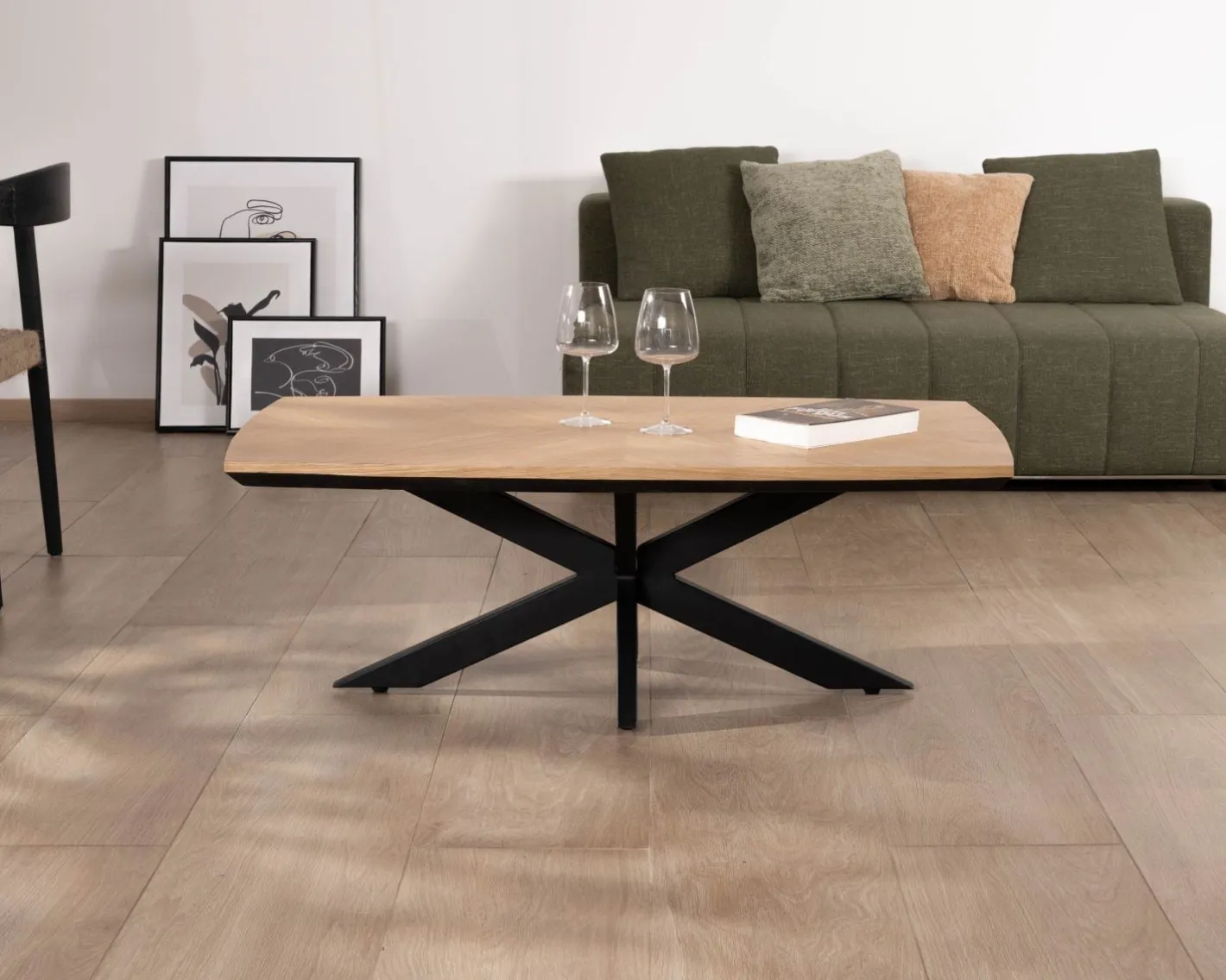 New Table basse plateau placage chêne clair pied étoile métal noir "Toledo" Table Basse Rectangulaire
