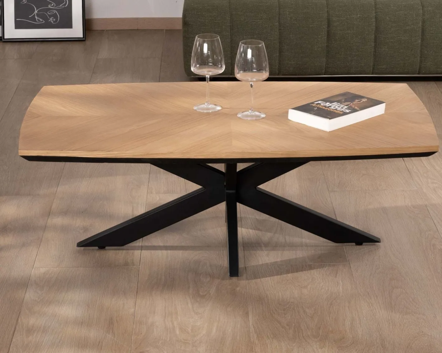 New Table basse plateau placage chêne clair pied étoile métal noir "Toledo" Table Basse Rectangulaire