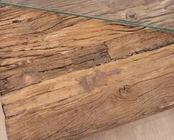 Discount Table basse rectangulaire bois recyclé rustique, plateau verre et pieds design métal brillant opium "Timber" Table Basse Rectangulaire
