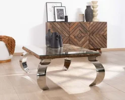Discount Table basse rectangulaire bois recyclé rustique, plateau verre et pieds design métal brillant opium