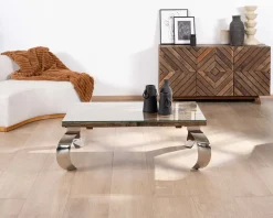 Discount Table basse rectangulaire bois recyclé rustique, plateau verre et pieds design métal brillant opium