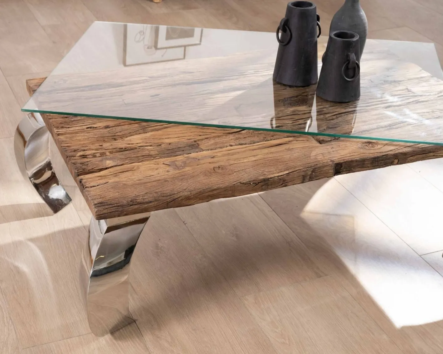 Discount Table basse rectangulaire bois recyclé rustique, plateau verre et pieds design métal brillant opium "Timber" Table Basse Rectangulaire