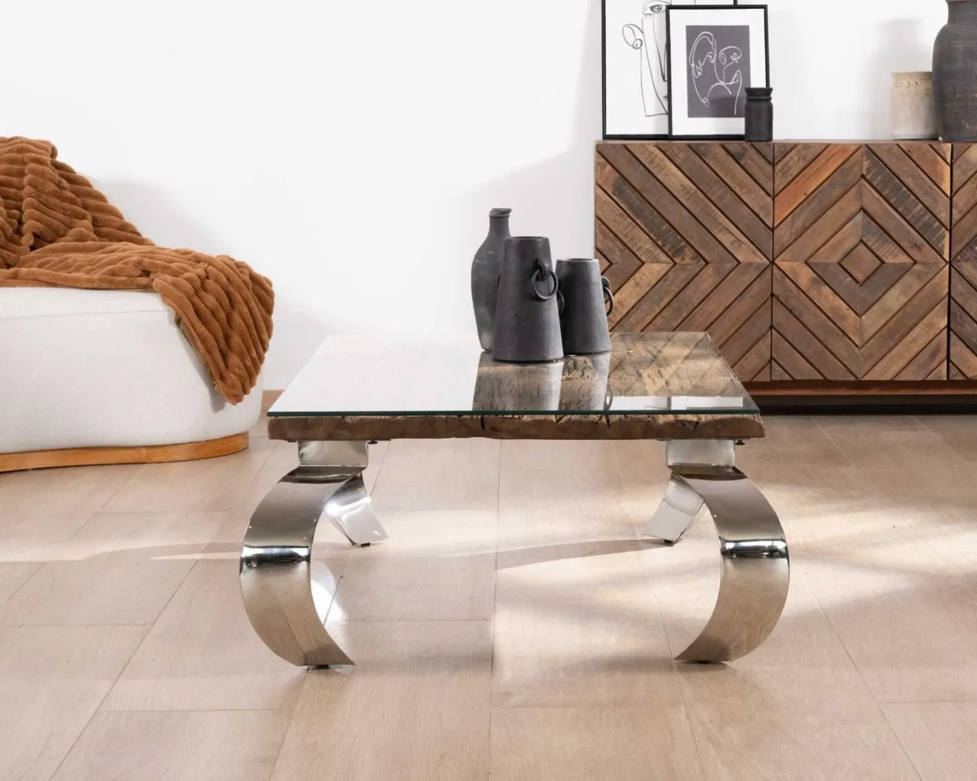 Discount Table basse rectangulaire bois recyclé rustique, plateau verre et pieds design métal brillant opium "Timber" Table Basse Rectangulaire