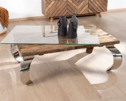 Discount Table basse rectangulaire bois recyclé rustique, plateau verre et pieds design métal brillant opium