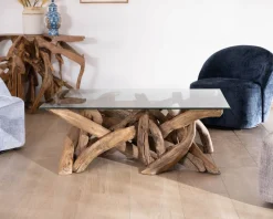 Best Table basse rectangulaire 120 cm en bois de teck recyclé avec plateau en verre "Kanoa" Table Basse Rectangulaire