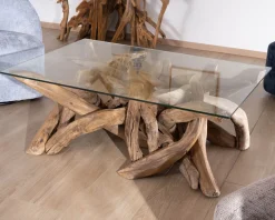 Best Table basse rectangulaire 120 cm en bois de teck recyclé avec plateau en verre 