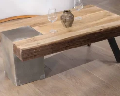Sale Table basse rectangulaire design en manguier, pieds métal noir antique et ciment "Cemento" Table Basse Rectangulaire