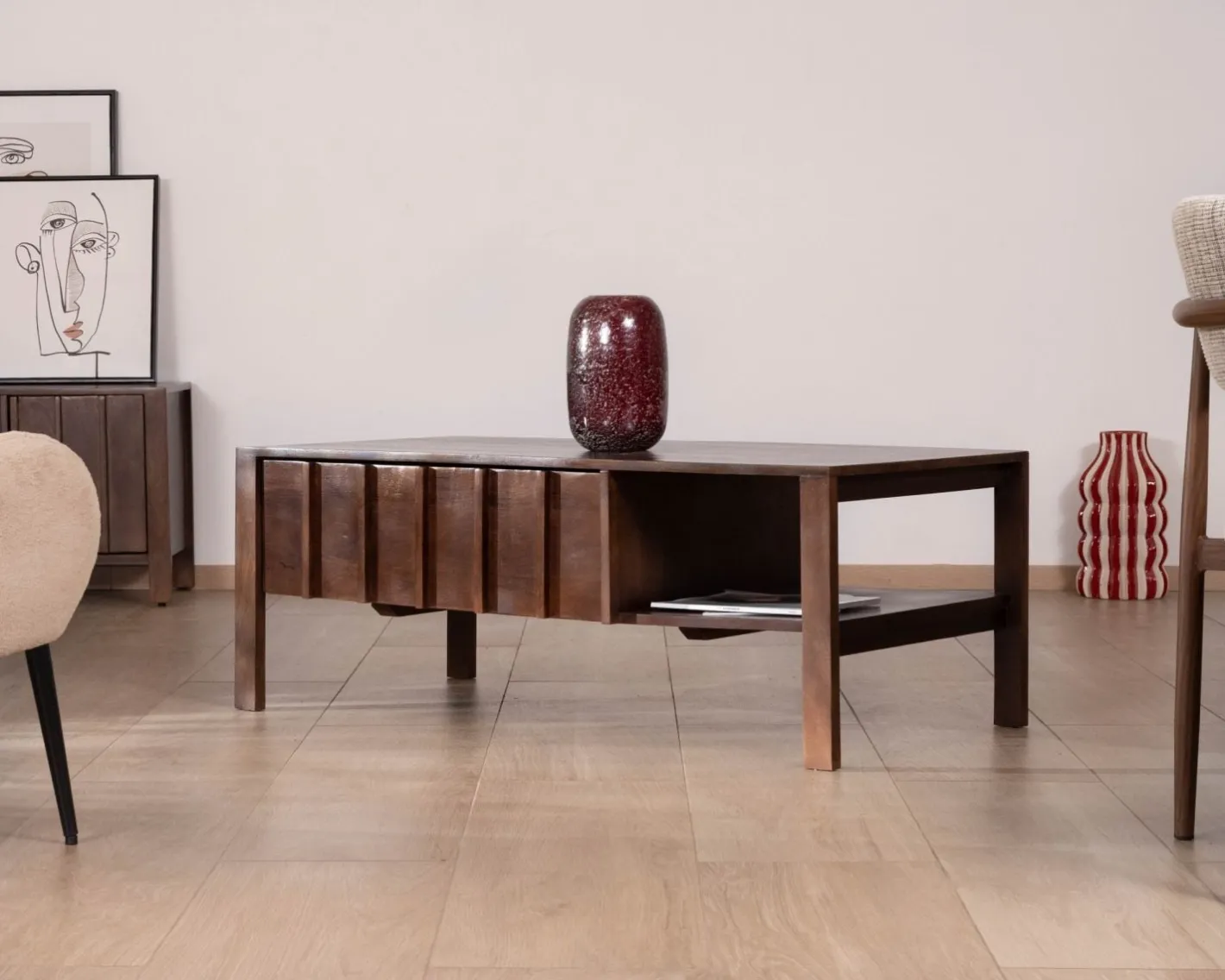 Table basse rectangulaire esprit zen en manguier teinte noyer "Sicora " Table Basse Rectangulaire