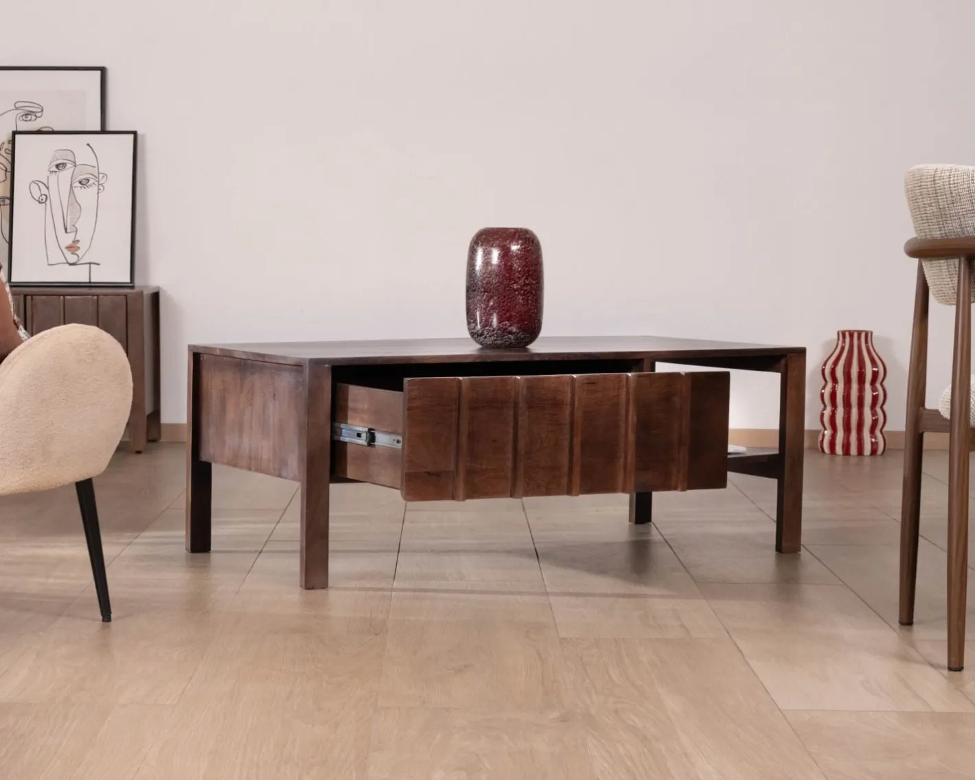 Table basse rectangulaire esprit zen en manguier teinte noyer "Sicora " Table Basse Rectangulaire