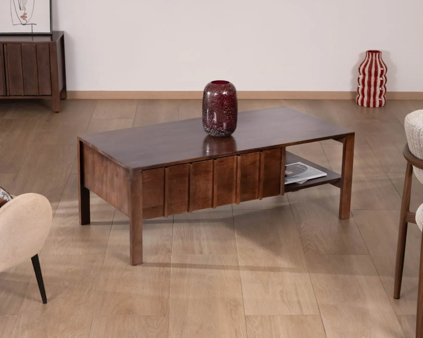 Table basse rectangulaire esprit zen en manguier teinte noyer "Sicora " Table Basse Rectangulaire