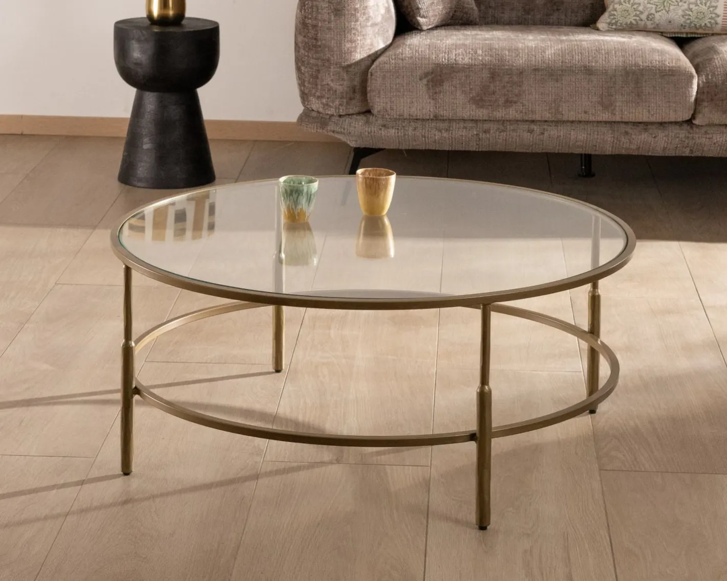 Online Table basse ronde 90 cm en laiton doré et plateau verre "Gilt Antique" style contemporain chic Table Basse Ovale Ou Ronde